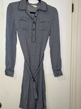 Tory Burch Navy and White Long Sleeve Shirt Dress with Belt